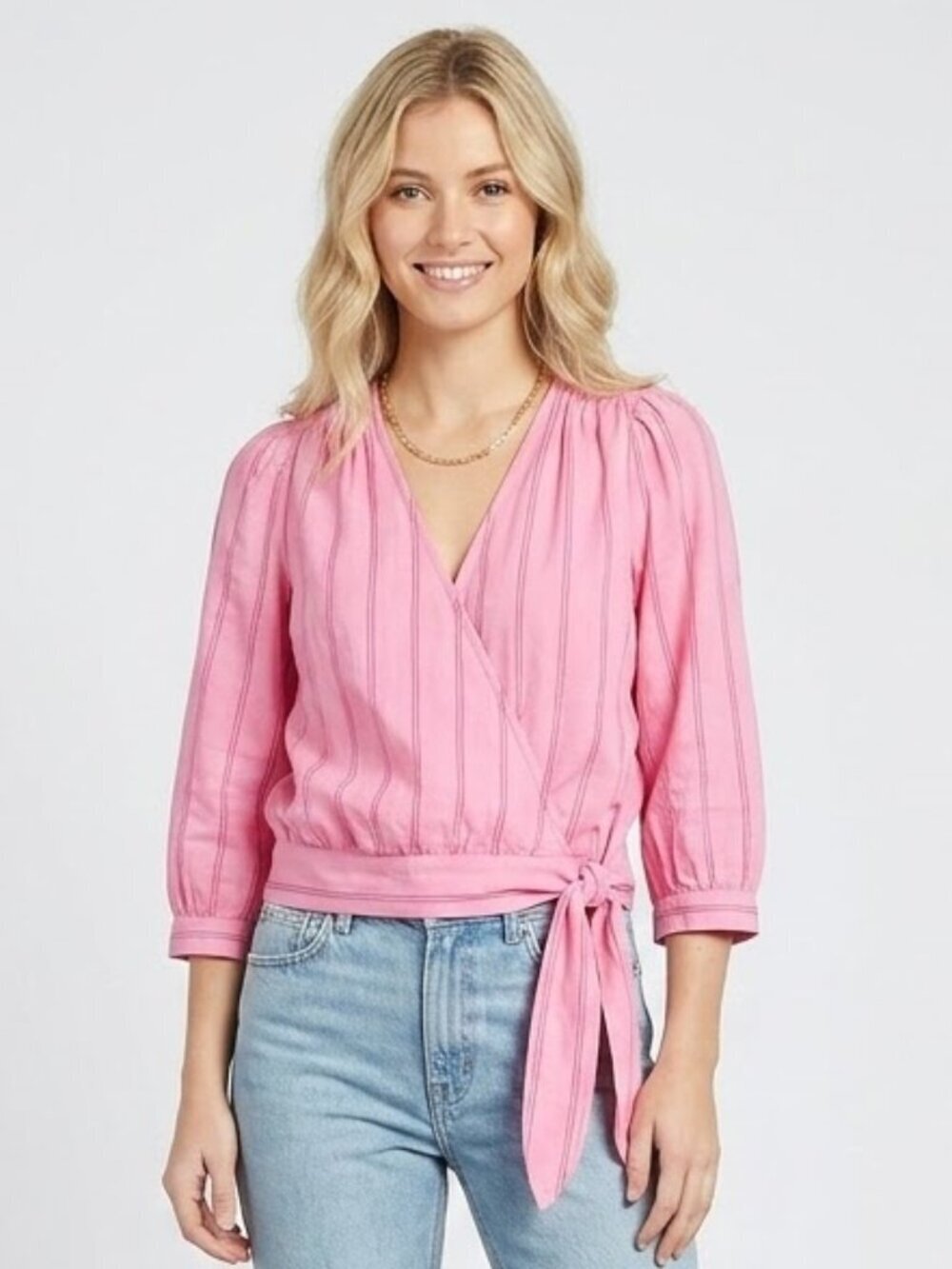 Madewell Wrap Tie Front Cotton Cropped Top Cecilia Stripes Pink White Size XS